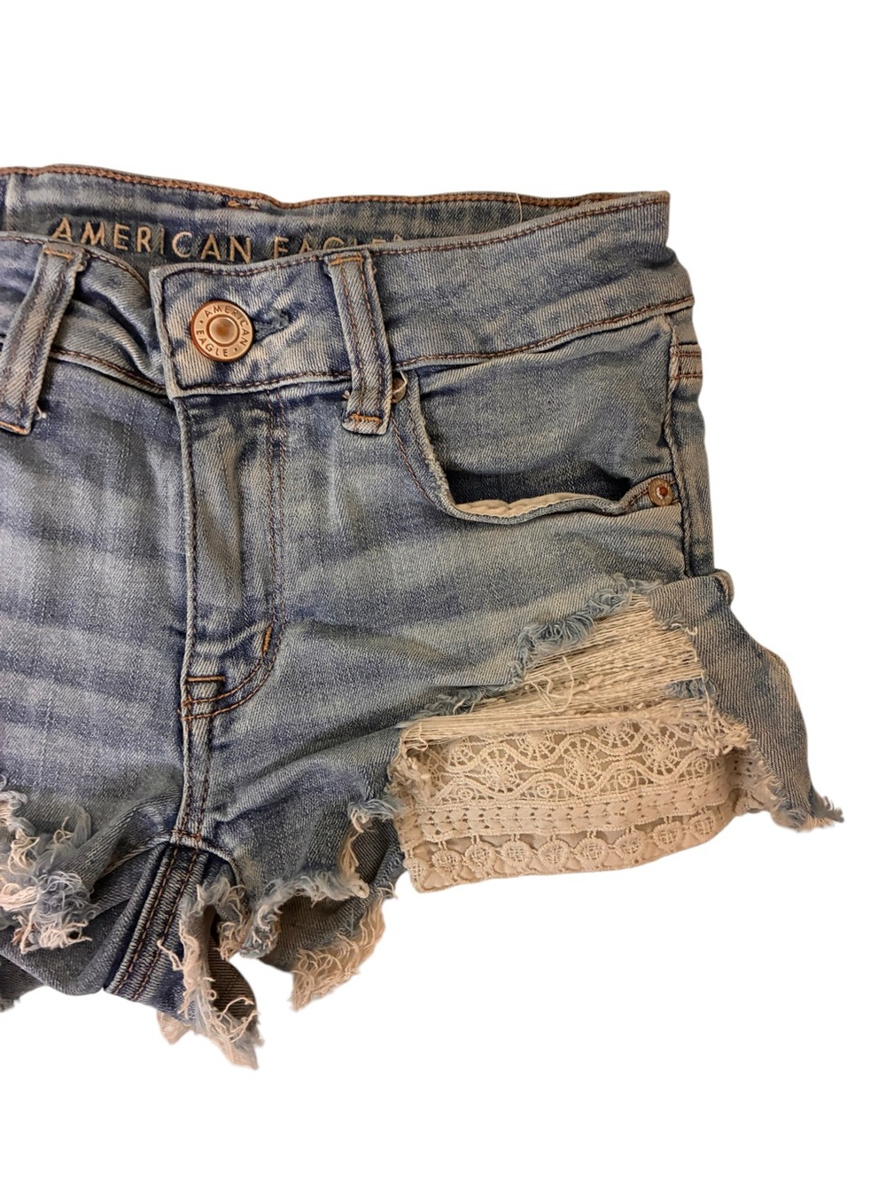 American Eagle | Distressed lightwash crochet detail denim shorts size 0 - Picture 4 of 11